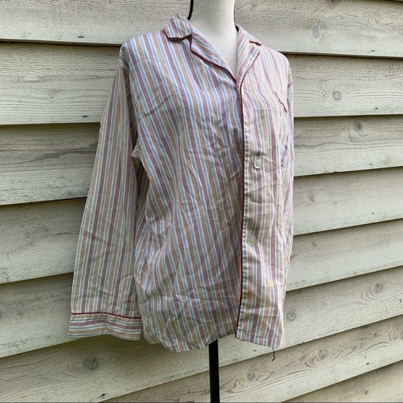 True Vintage 70s Pinstriped Button Down Long Sleeve Collared V-Neck Pajama Shirt - Picture 2 of 16